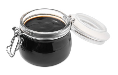 Photo of Glass jar with balsamic glaze isolated on white