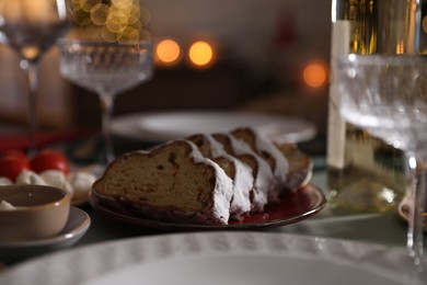 Christmas bread served on table, closeup view