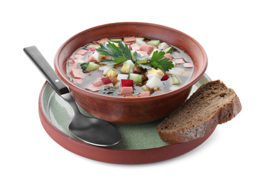 Photo of Delicious cold okroshka with kvass isolated on white. Traditional Russian summer soup