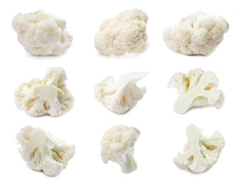 Image of Collage of fresh raw cauliflower florets on white background