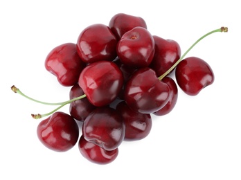 Photo of Tasty ripe red cherries isolated on white, top view