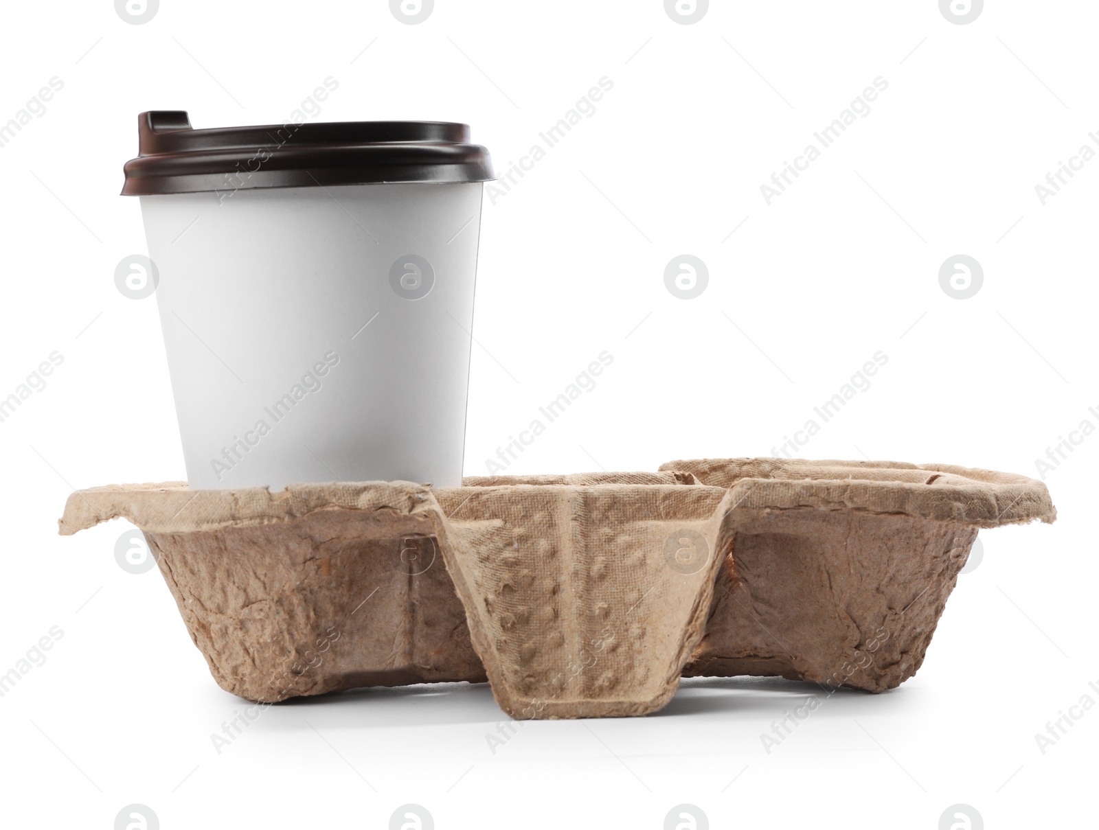 Photo of Takeaway paper coffee cup in holder isolated on white