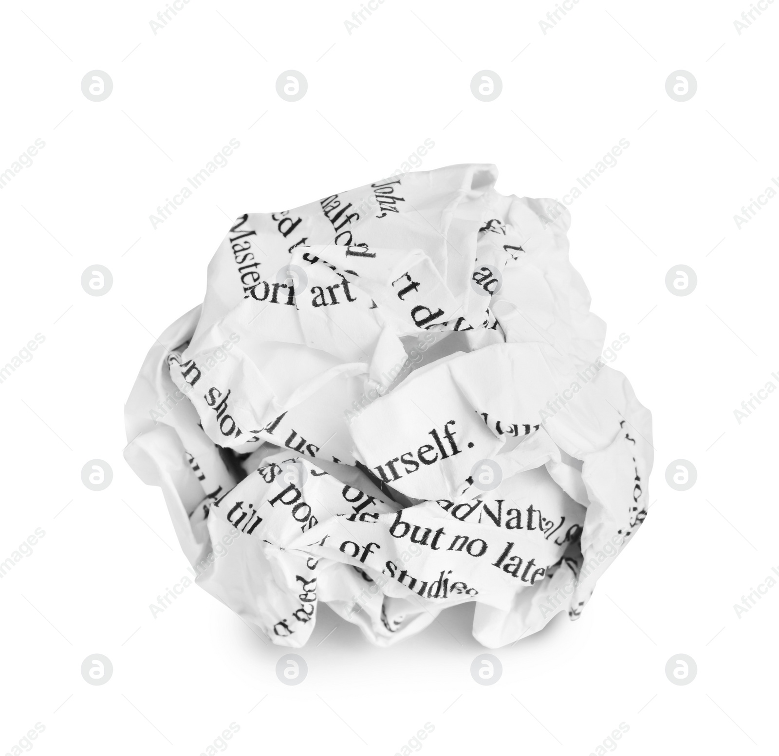 Photo of Crumpled sheet of paper with printed text isolated on white