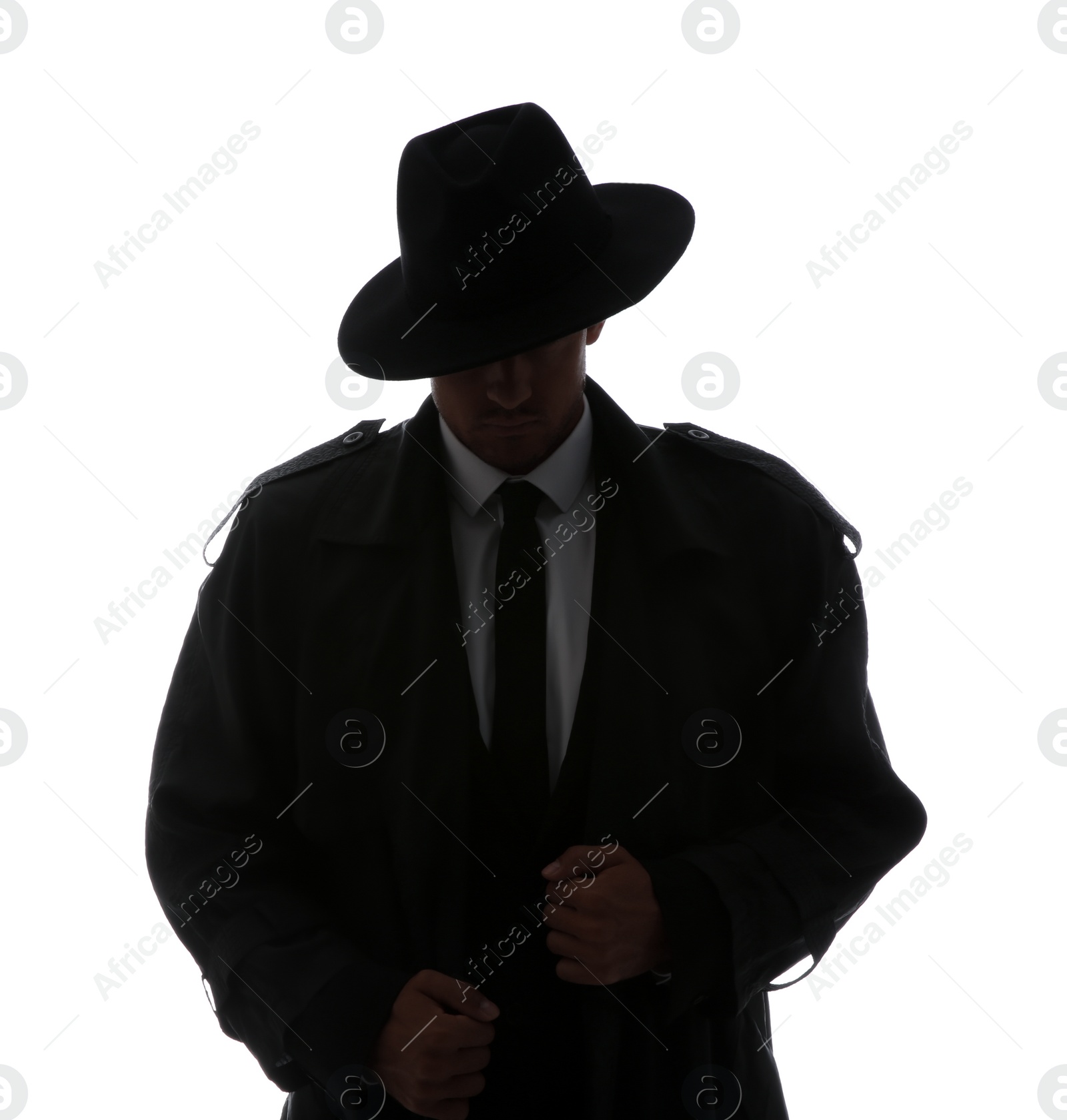 Photo of Old fashioned detective in hat on white background