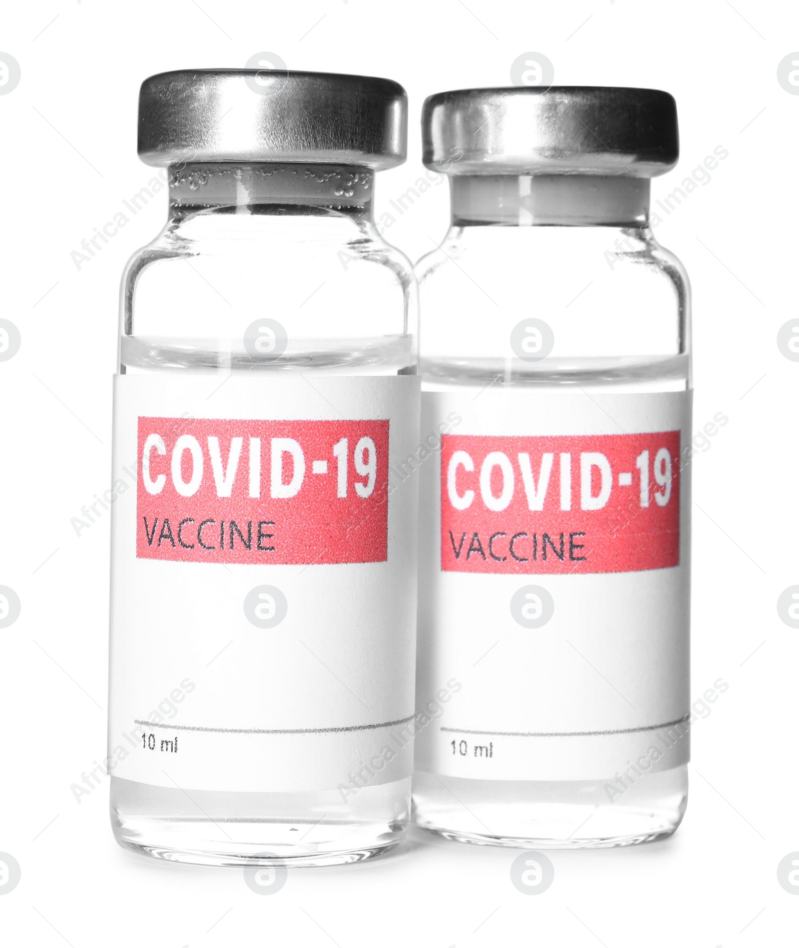 Photo of Vials with vaccine against coronavirus on white background