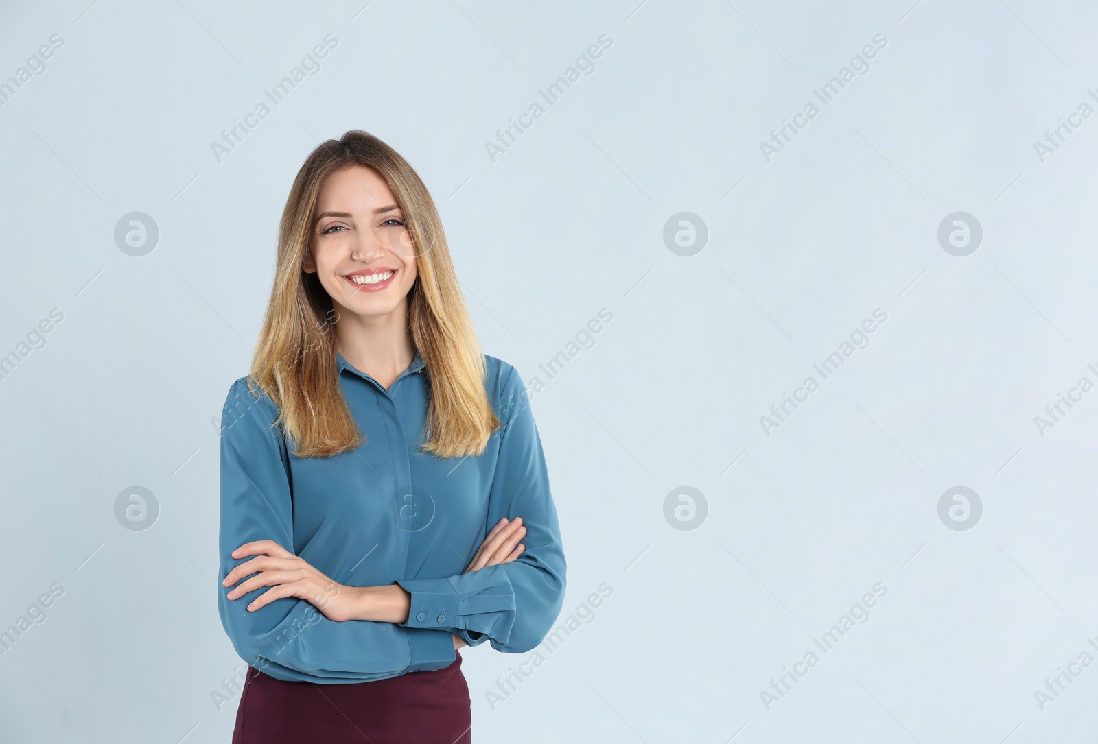 Photo of Portrait of beautiful young businesswoman on white background. Space for text