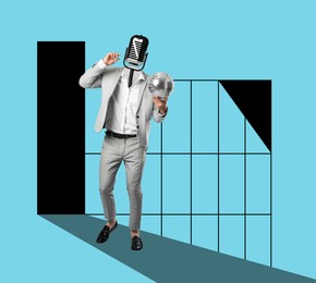 Image of Man with microphone head holding disco ball and dancing on light blue background. Bright creative collage design