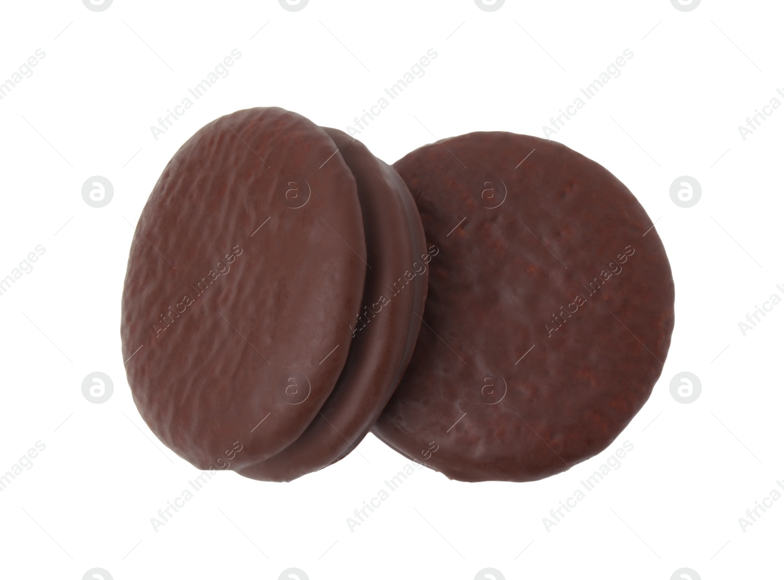 Photo of Tasty choco pies isolated on white, top view