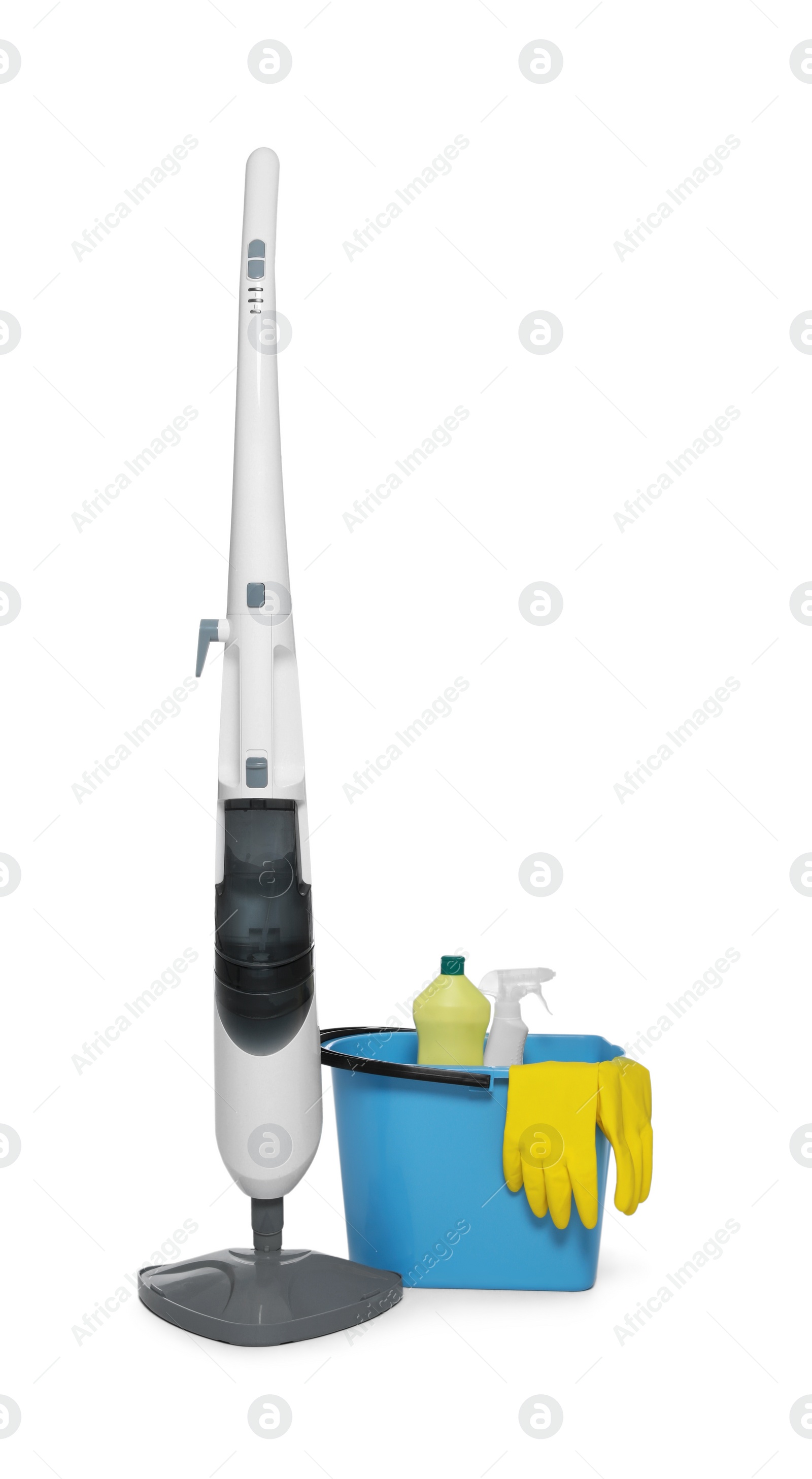 Photo of Modern steam mop and bucket with different cleaning supplies isolated on white