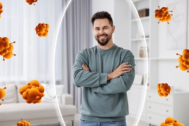 Man with strong immunity surrounded by viruses at home