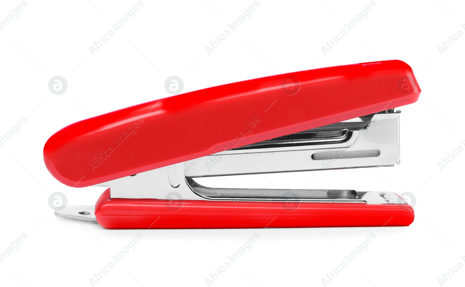 Photo of One new red stapler isolated on white