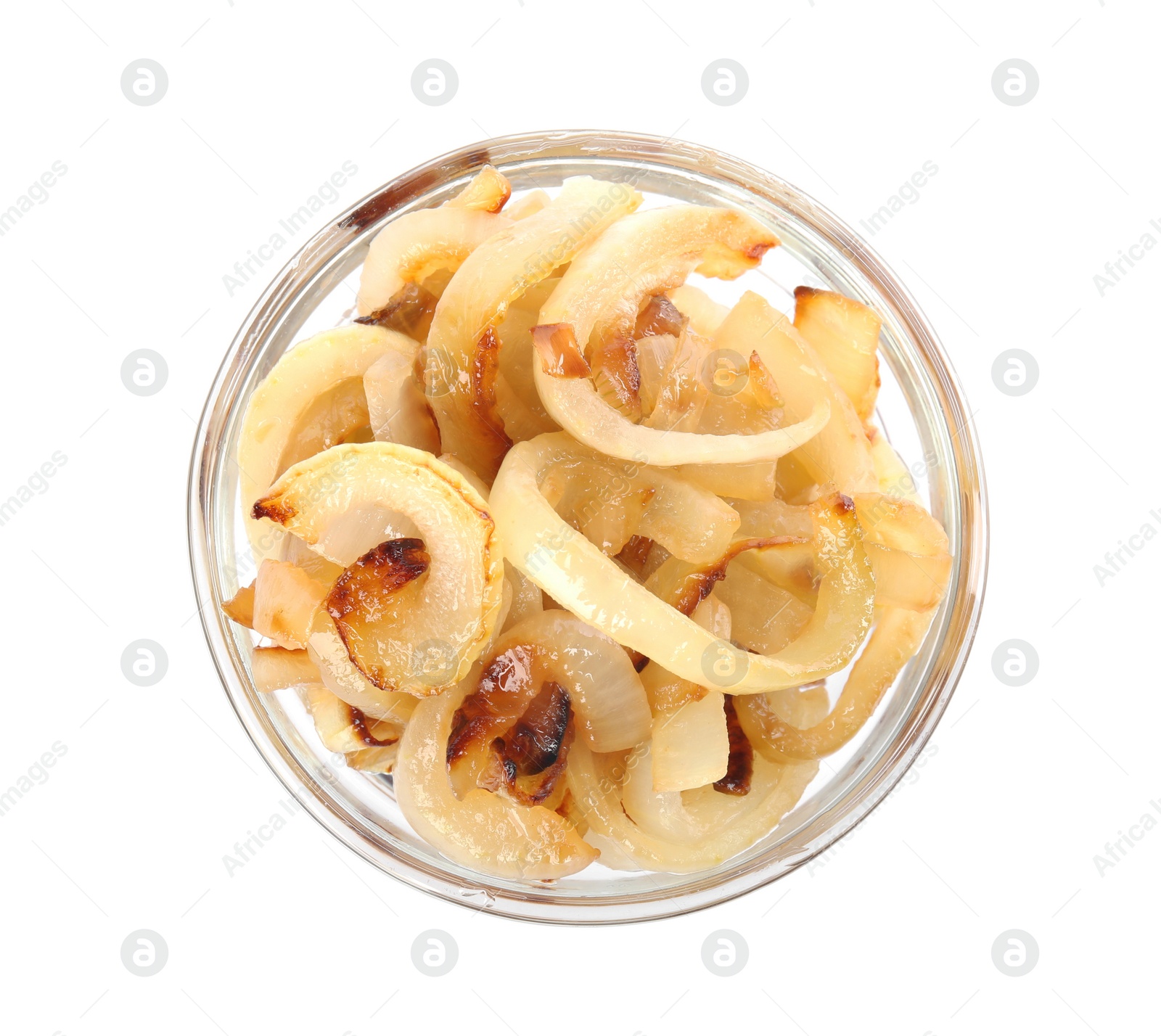 Photo of Tasty fried onion in glass bowl isolated on white, top view