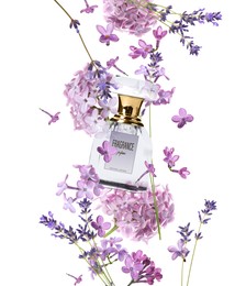 Bottle of luxury perfume and beautiful flowers on white background