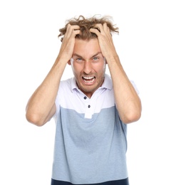 Photo of Young man in casual clothes posing on white background