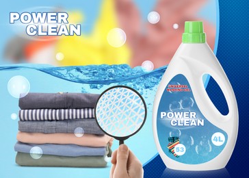 Image of Liquid laundry detergent advertisement design. Woman looking through magnifying glass at clothes, closeup