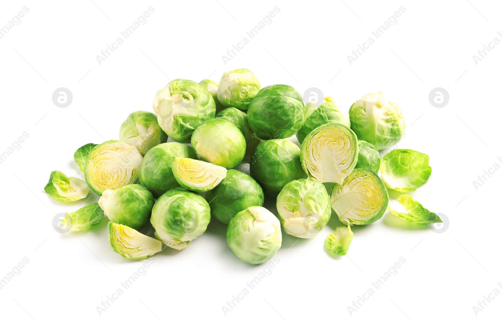 Photo of Pile of fresh Brussels sprouts on white background