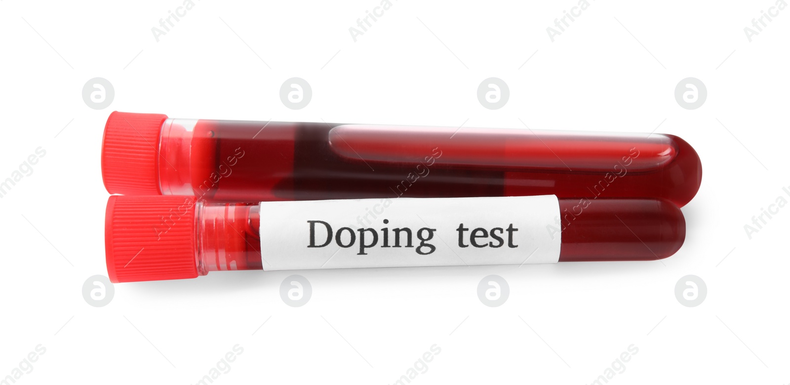 Photo of Tubes of blood with words Doping test on white background
