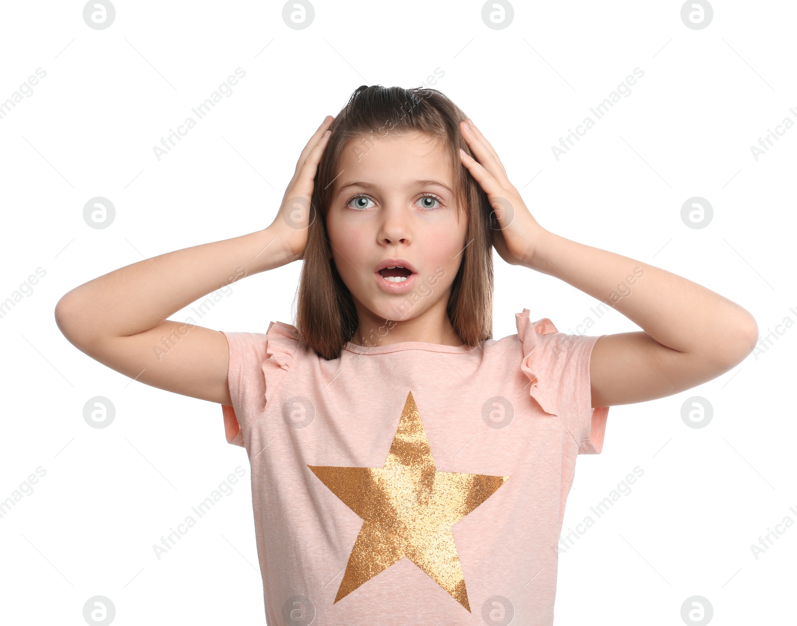 Photo of Portrait of emotional preteen girl on white background