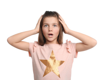 Portrait of emotional preteen girl on white background