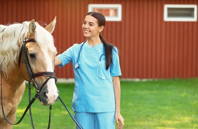 Photo of Young veterinarian with palomino horse outdoors on sunny day