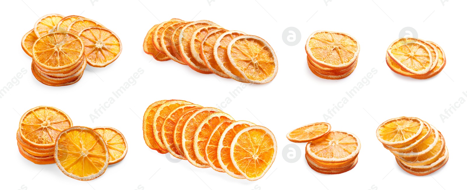 Image of Collage with dry orange slices on white background, banner design