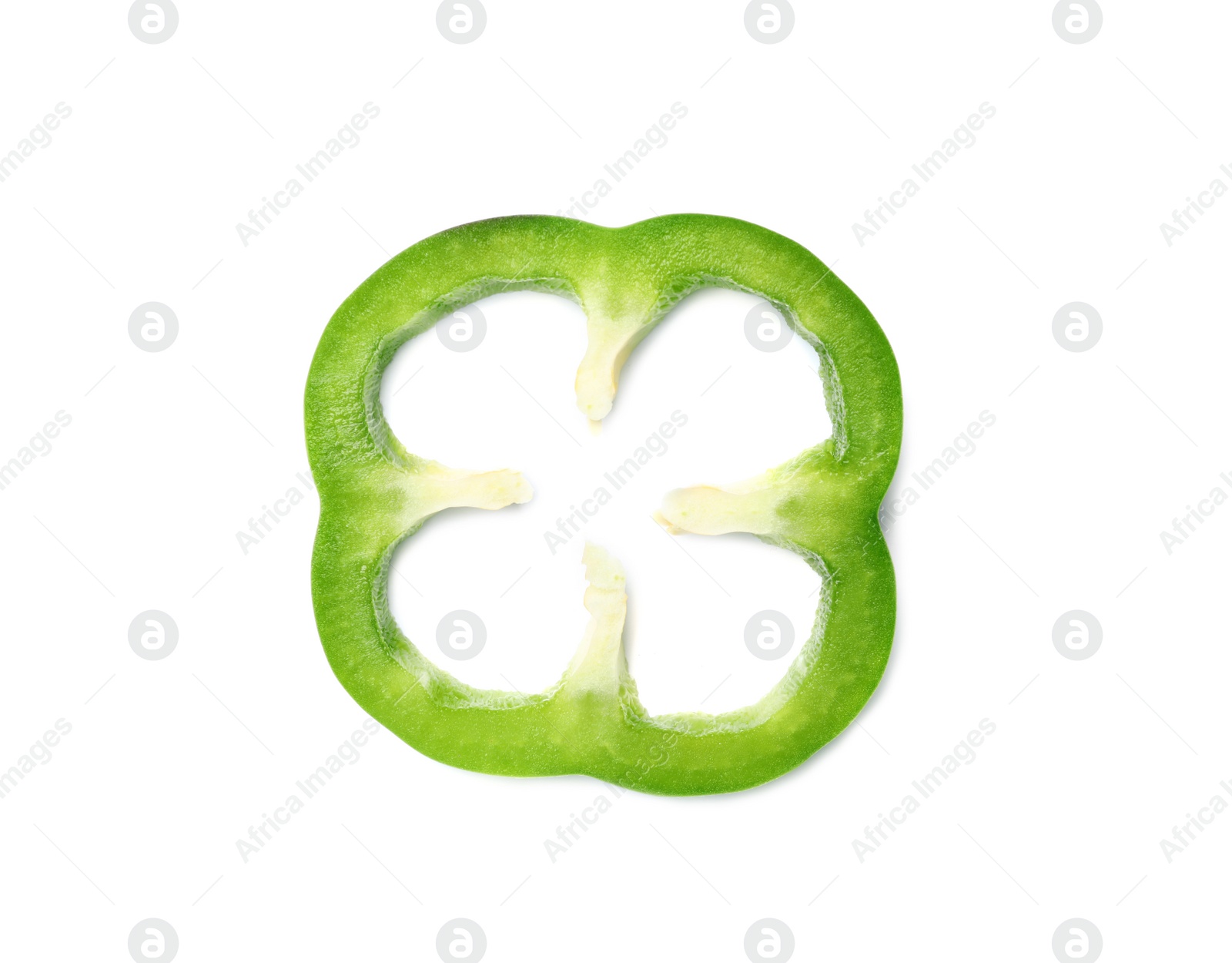 Photo of Ring of tasty green bell pepper on white background, top view