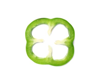 Ring of tasty green bell pepper on white background, top view