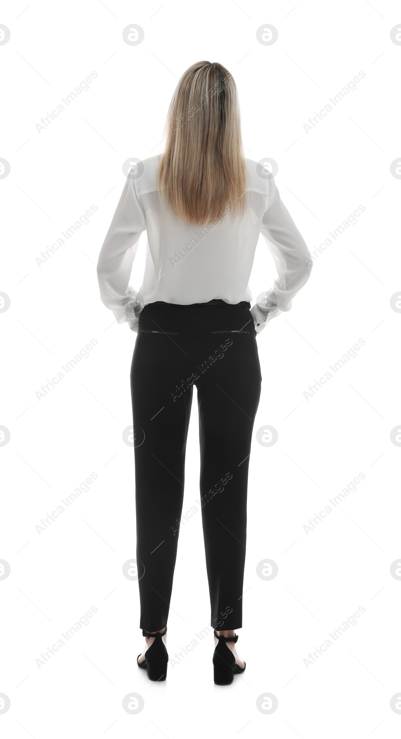 Photo of Young woman on white background, back view