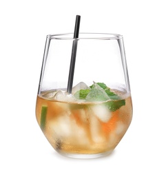 Photo of Glass of mint julep cocktail on white background