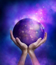 Image of Concept of karma. Woman holding image of sphere and fairy lights on color background, closeup