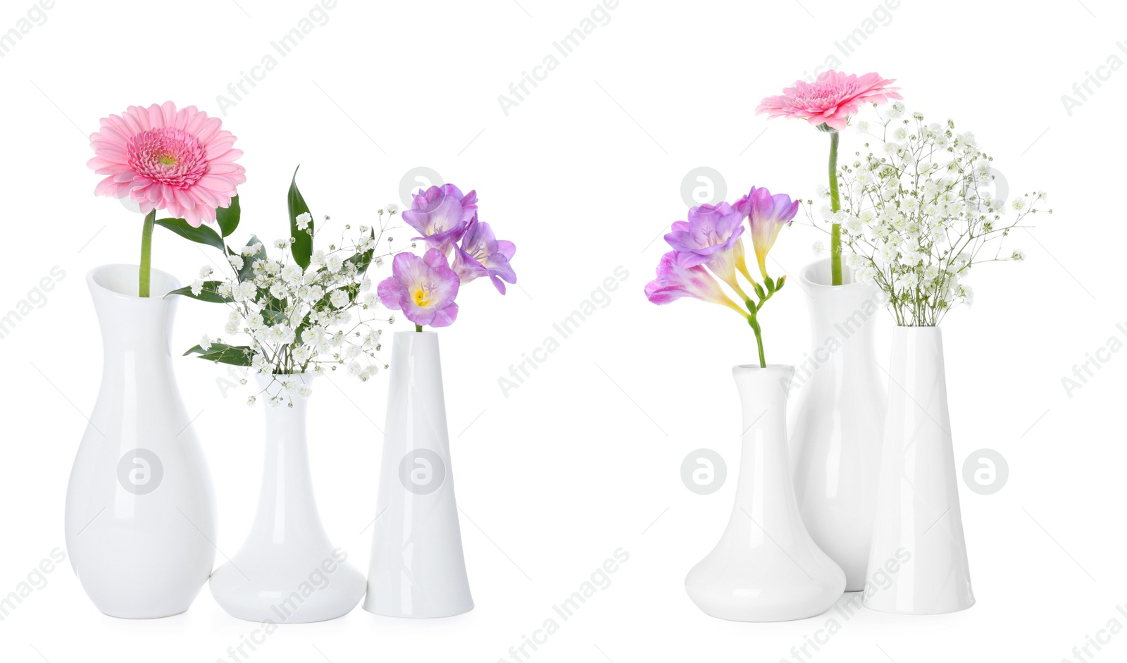 Image of Beautiful flowers in vases on white background, collage. Gerbera, freesia and gypsophila