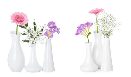 Beautiful flowers in vases on white background, collage. Gerbera, freesia and gypsophila