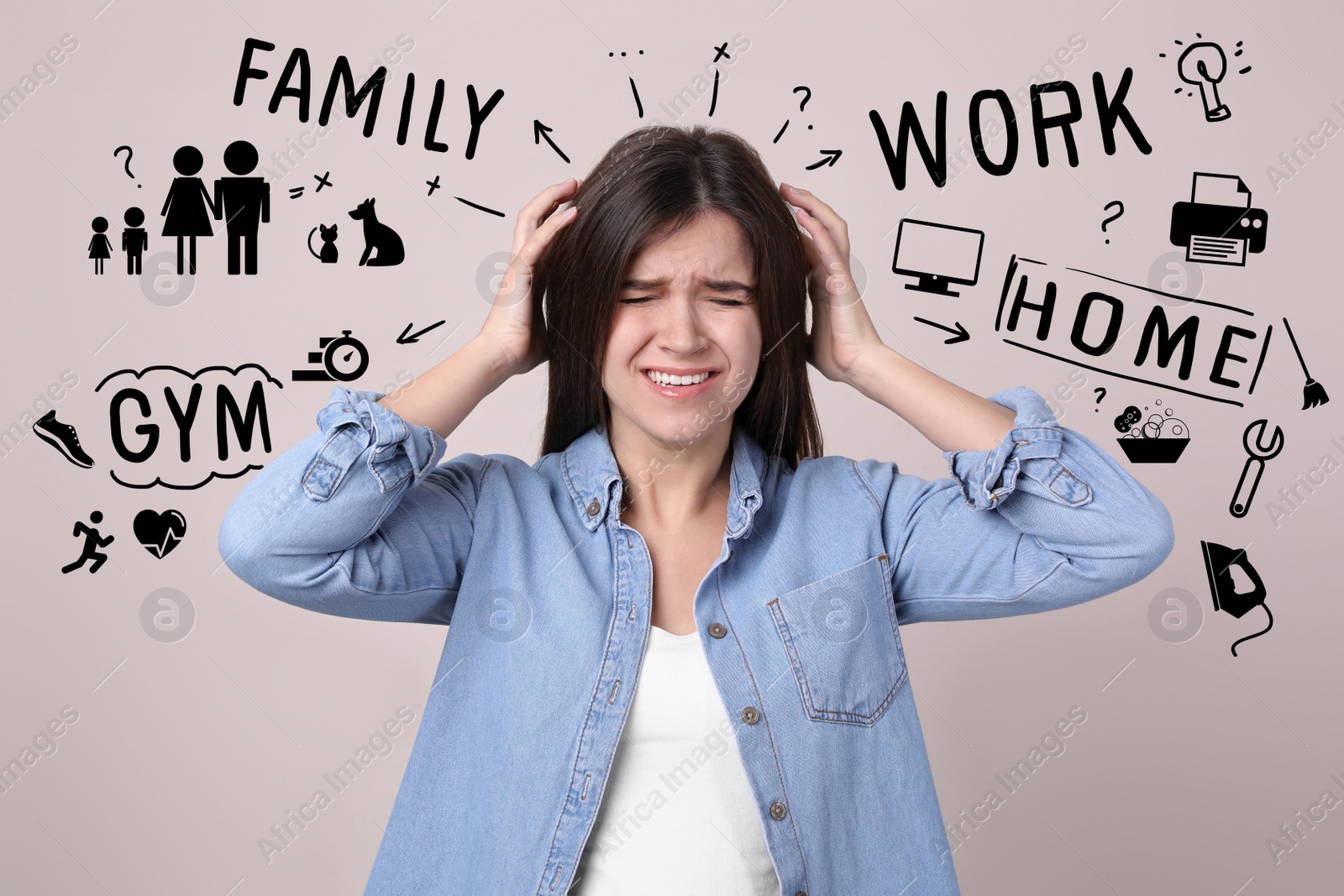 Image of Stressed young woman, text and drawings on grey background