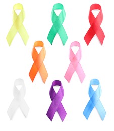 Image of Collection of different color ribbons on white background. World Cancer Day