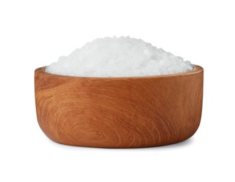 Natural sea salt in wooden bowl isolated on white