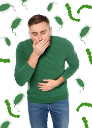 Image of Young man suffering from nausea and bacteria illustration on white background. Food poisoning