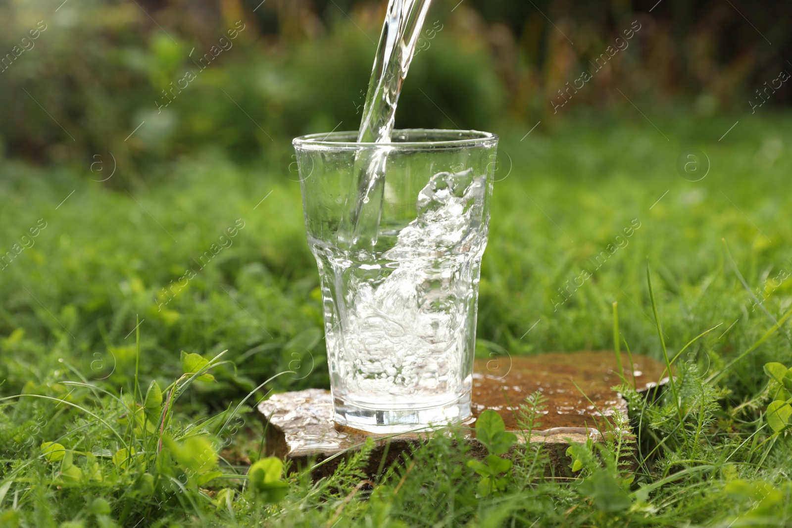 Photo of Pouring fresh water into glass on stone in green grass outdoors