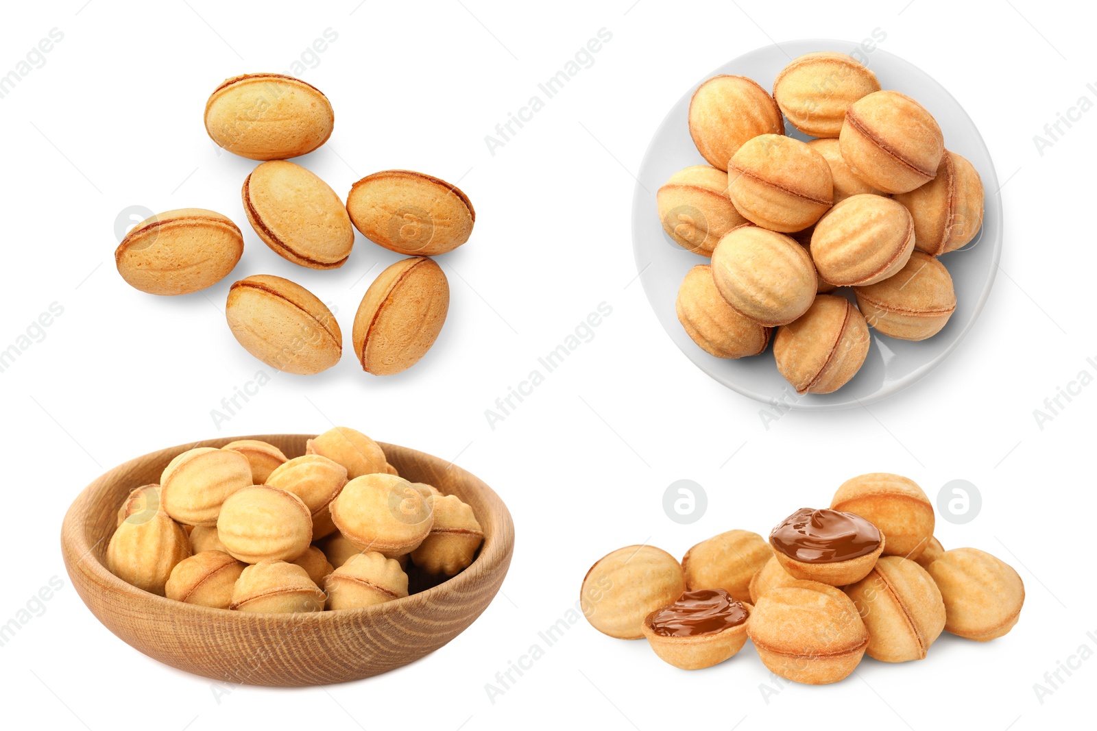 Image of Delicious nut shaped cookies with caramelized condensed milk isolated on white, collage design