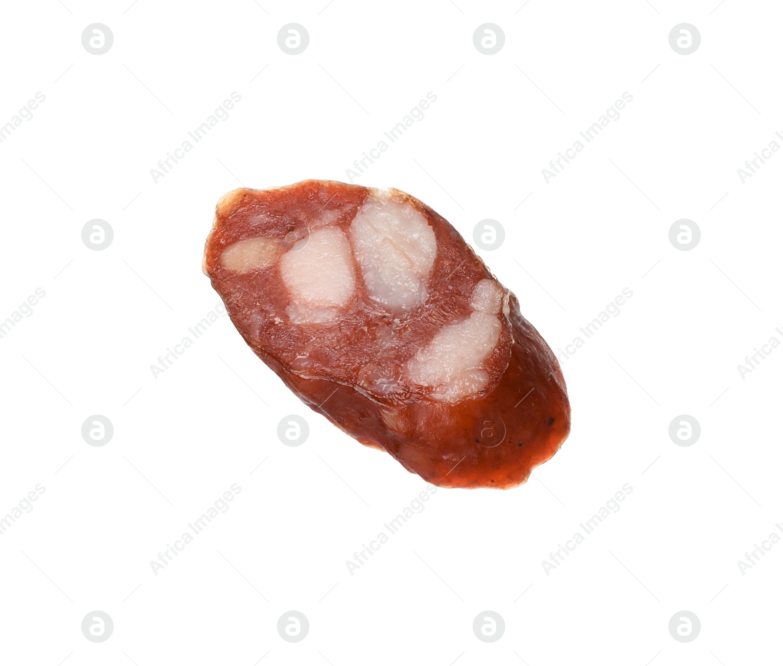 Photo of Piece of thin dry smoked sausage isolated on white