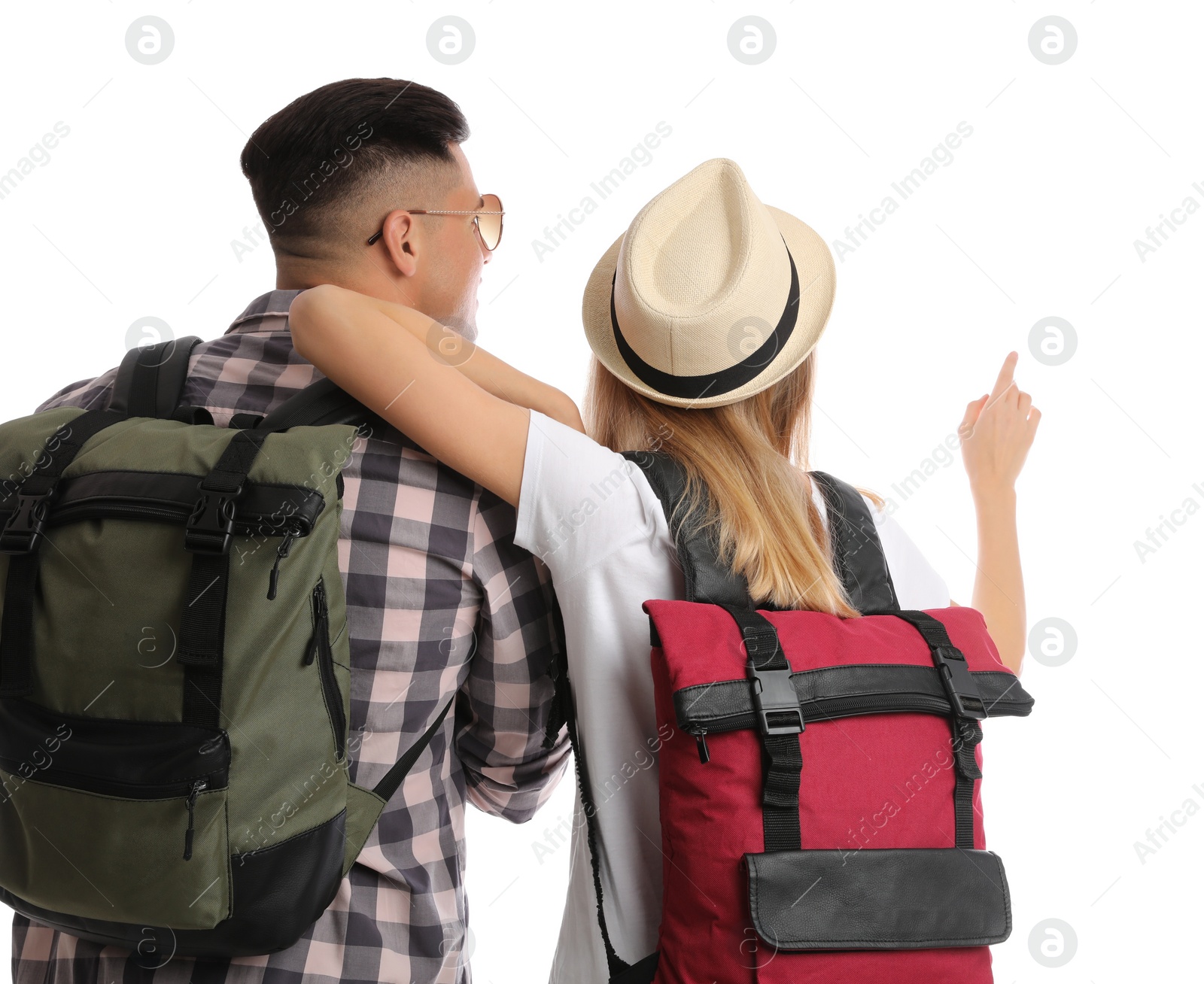 Photo of Couple with backpacks on white background, back view. Summer travel