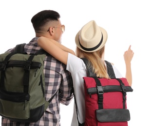 Couple with backpacks on white background, back view. Summer travel