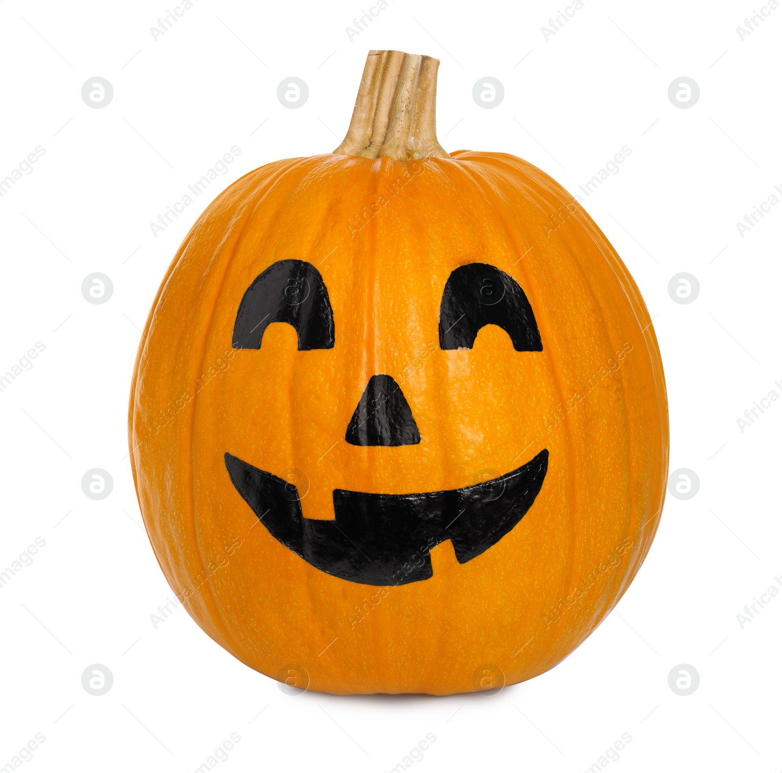 Photo of Pumpkin with drawn spooky face isolated on white. Halloween celebration