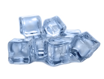 Photo of Pile of crystal clear ice cubes on white background