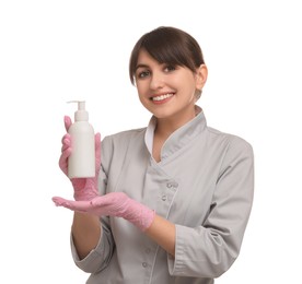 Photo of Cosmetologist with cosmetic product on white background