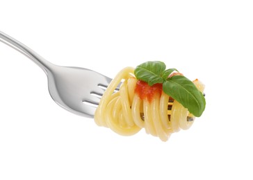 Photo of Fork with tasty pasta, basil and tomato sauce isolated on white