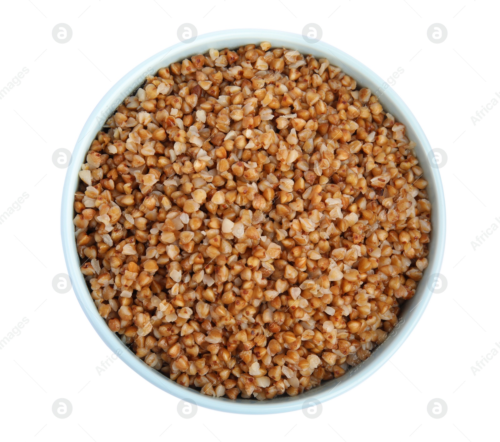 Photo of Bowl of buckwheat porridge isolated on white, top view