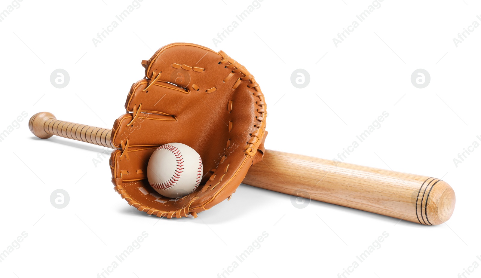 Photo of Wooden baseball bat, ball and glove isolated on white