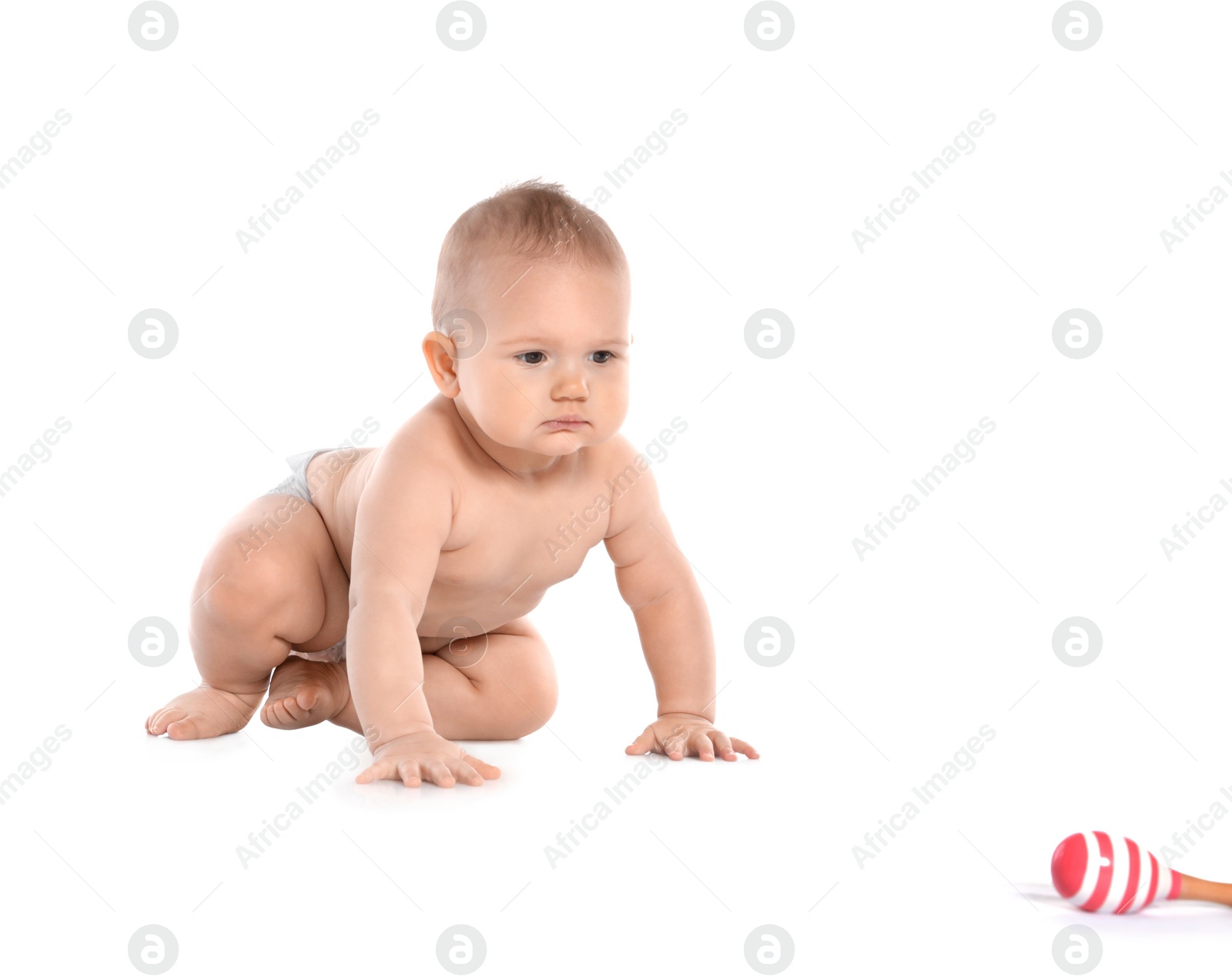 Photo of Cute little baby crawling on white background