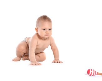 Cute little baby crawling on white background