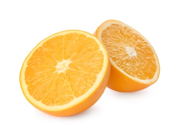 Photo of Halves of fresh ripe orange on white background